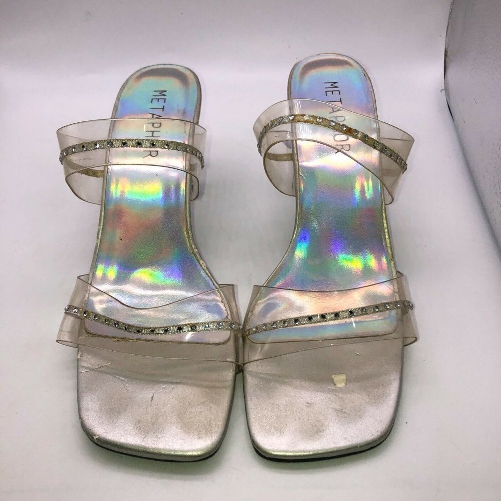 Metaphor Shoes Sz 8.5 Giselle 62121 Clear Plastic Rhinestones Square Open Toe
